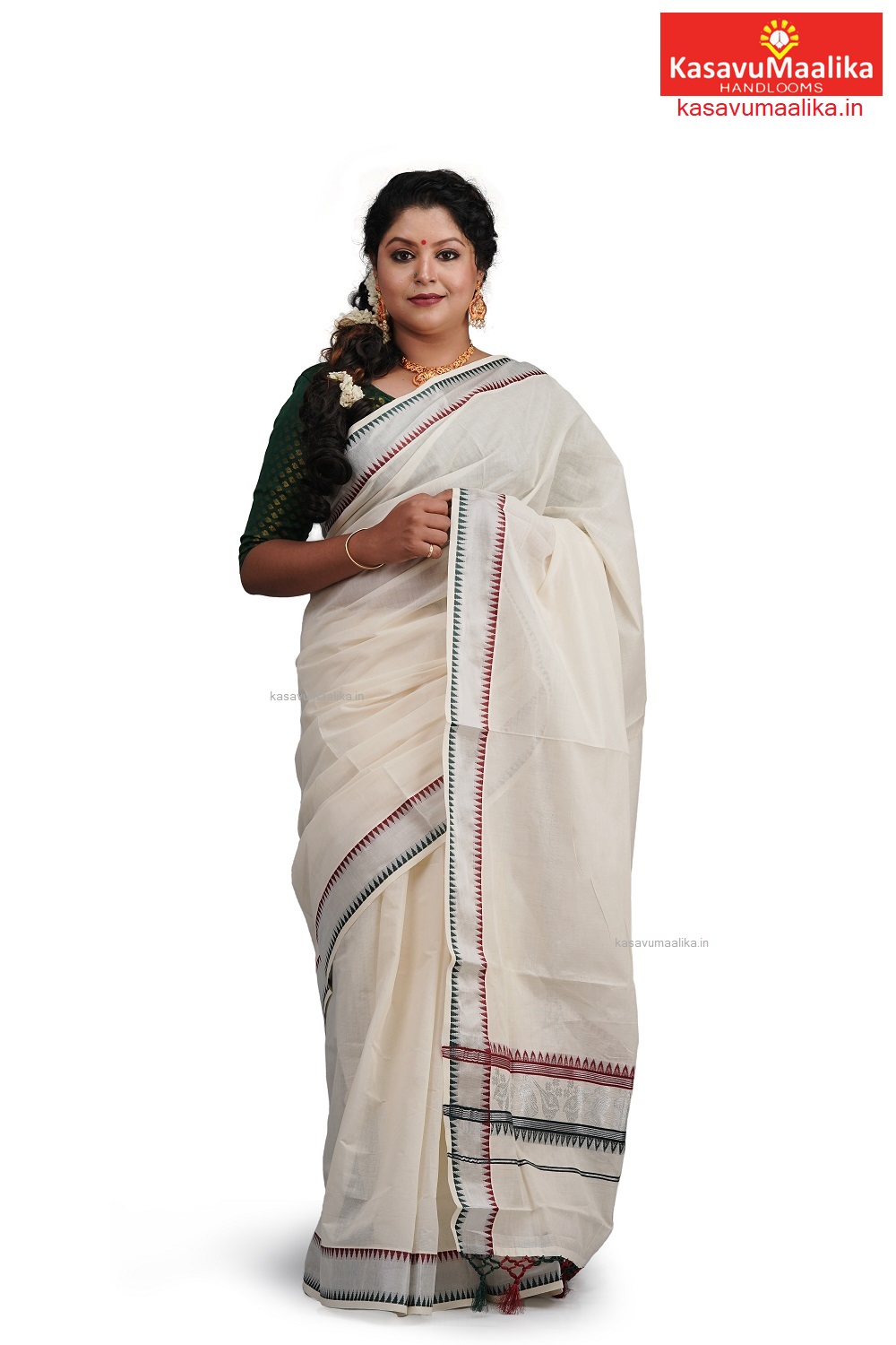 Kerala Peacock Feather Embroidery Saree with Silver Zari Border KS77